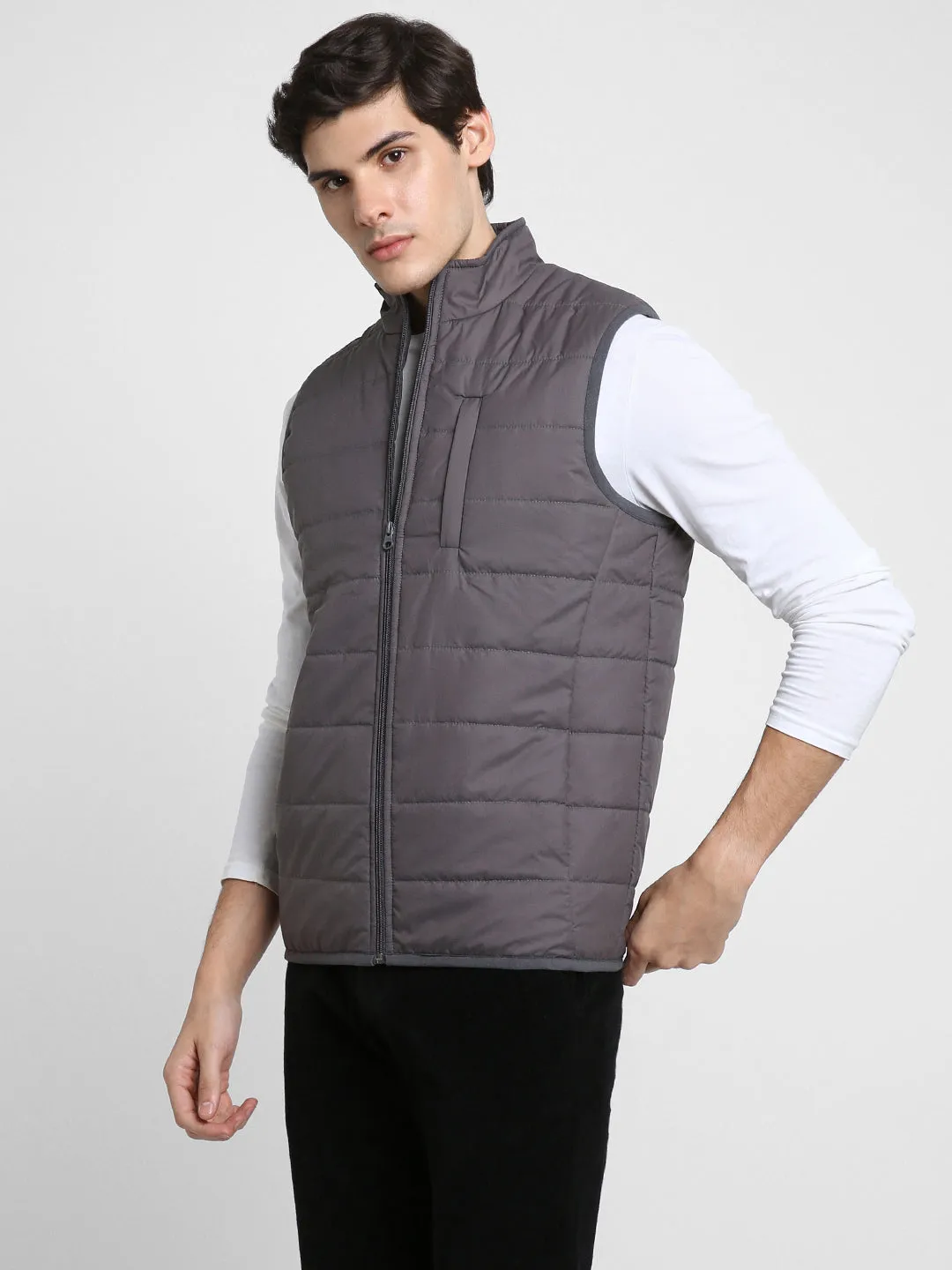 Men's Mock Collar Regular Fit Solid Quilted Dark Grey Jacket