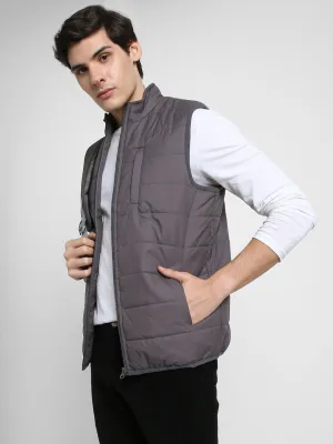 Men's Mock Collar Regular Fit Solid Quilted Dark Grey Jacket