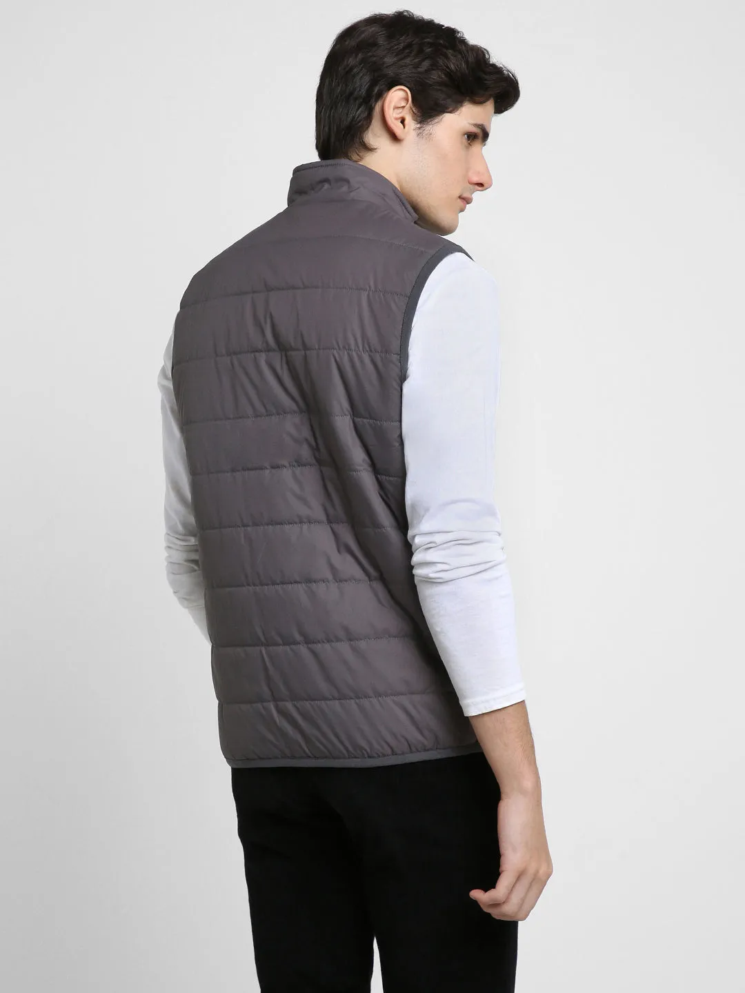 Men's Mock Collar Regular Fit Solid Quilted Dark Grey Jacket