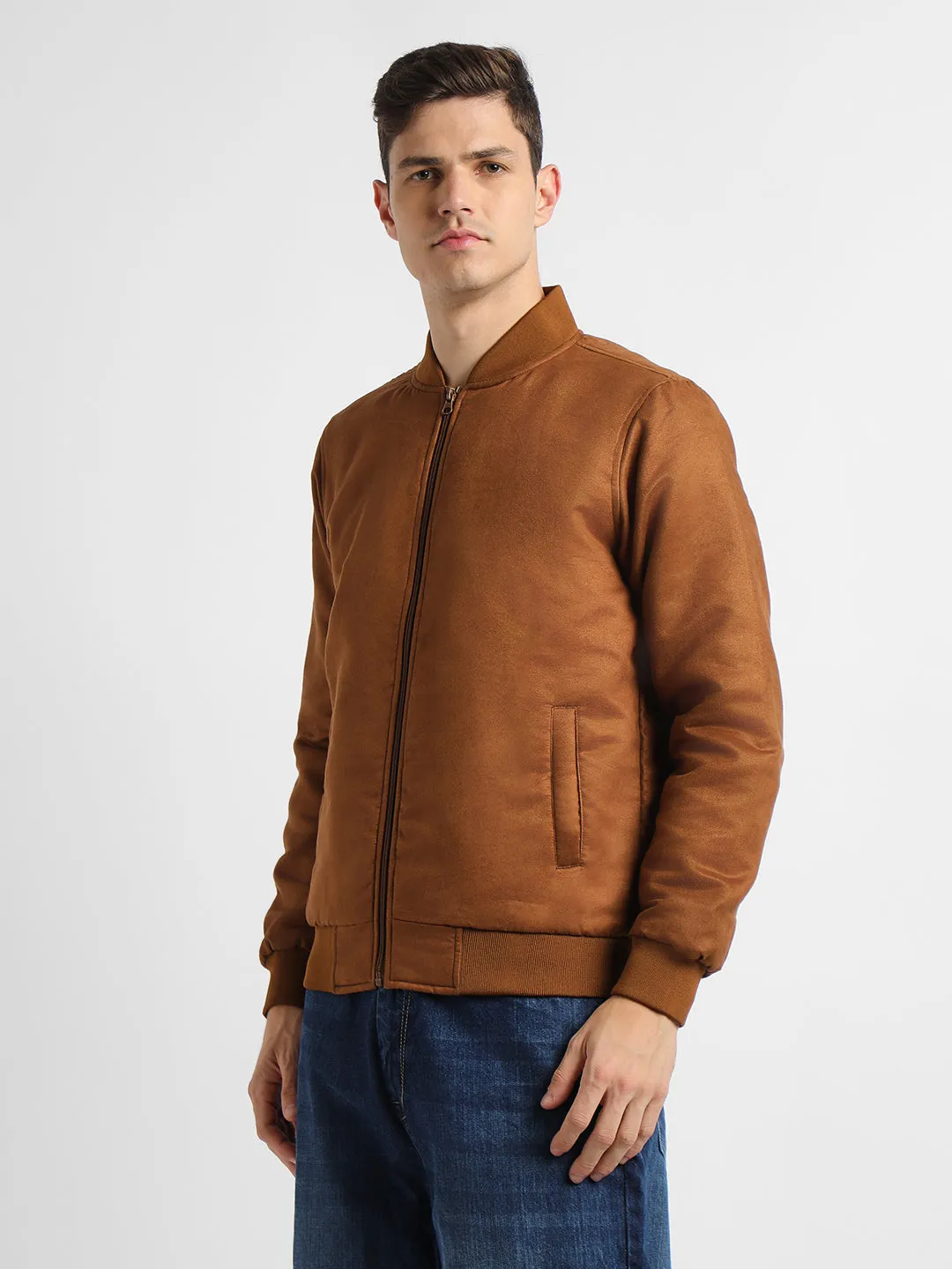 Men's Mock Neck Regular Fit Solid Coffee Jackets