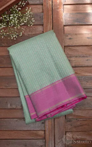 Mint green kanchi silk saree with pink border