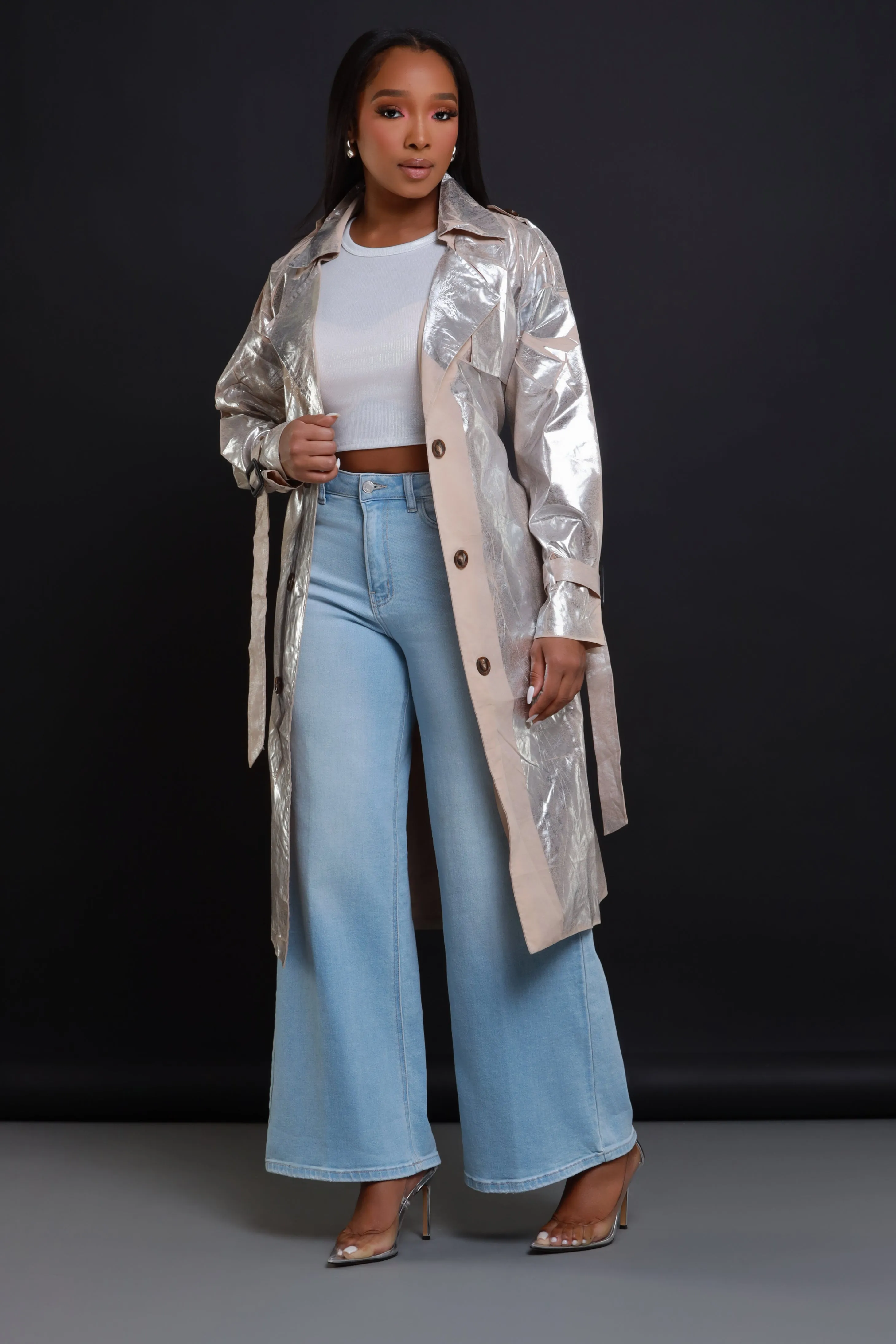 Mirror Mirror Metallic Trench Coat - Silver