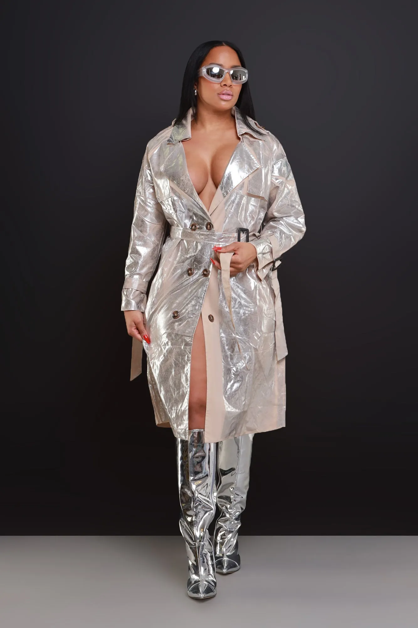 Mirror Mirror Metallic Trench Coat - Silver