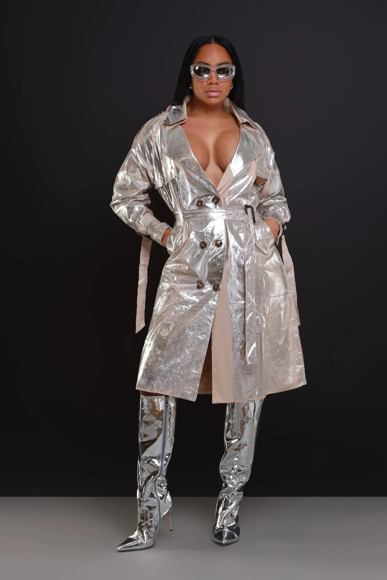 Mirror Mirror Metallic Trench Coat - Silver