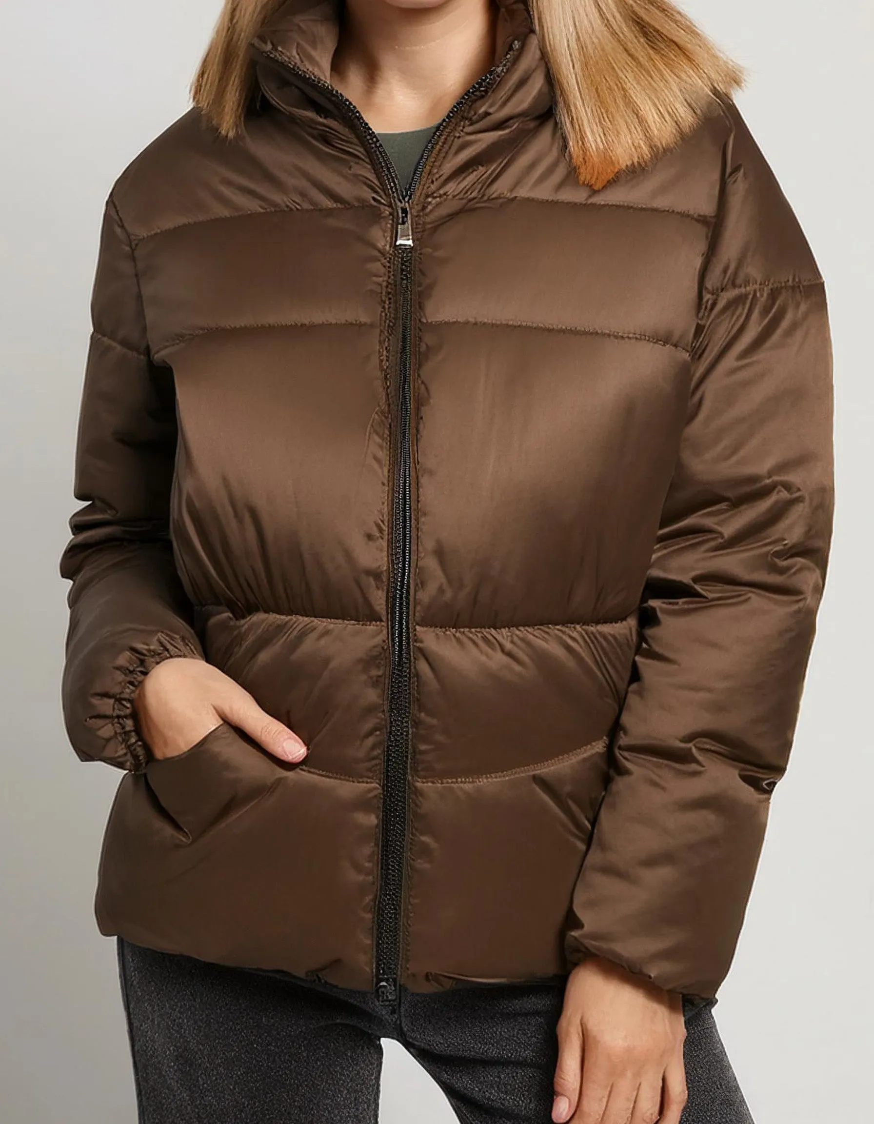 Mocha Brown Zip-Up Puffer Jacket