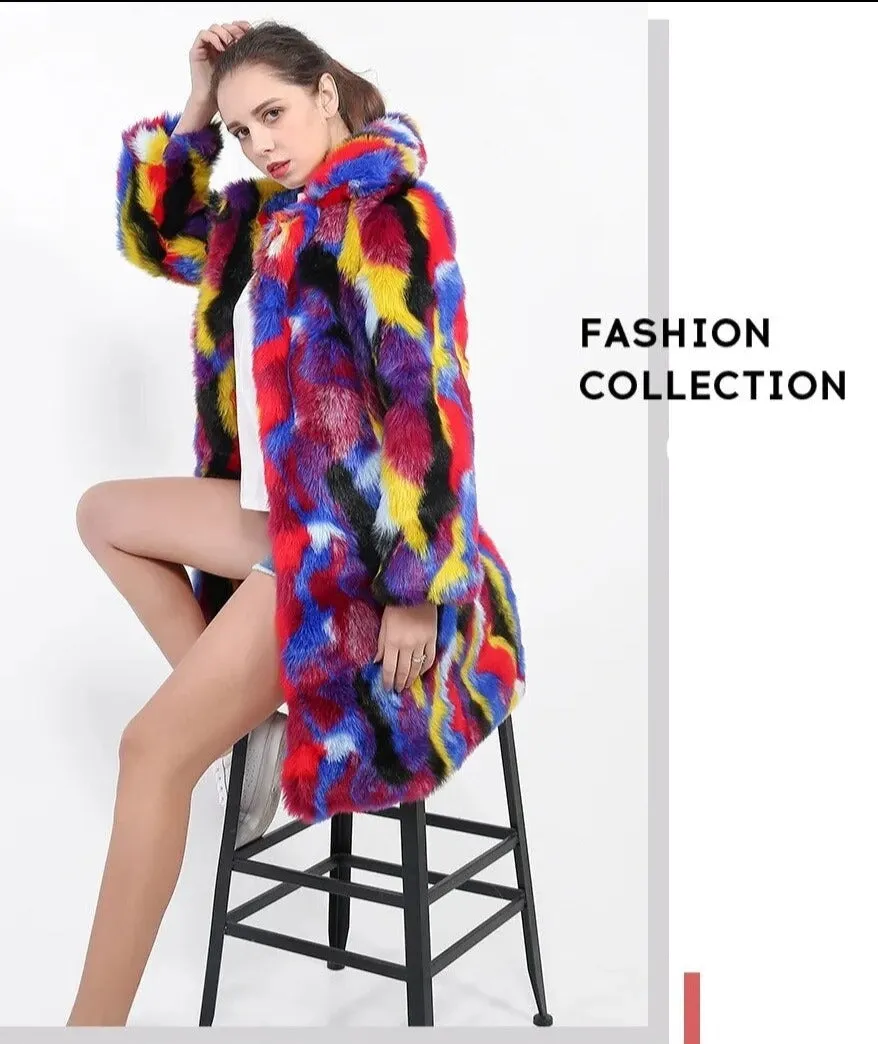 Multicolor Faux Rabbit Fur Single-Breasted Coat