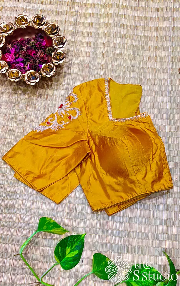 Mustard hand  embroidered silk blouse with neck pattern