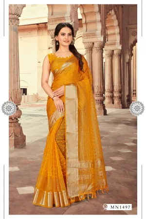 Mustard Silk Netted Saree Attached  Mustard Blouse