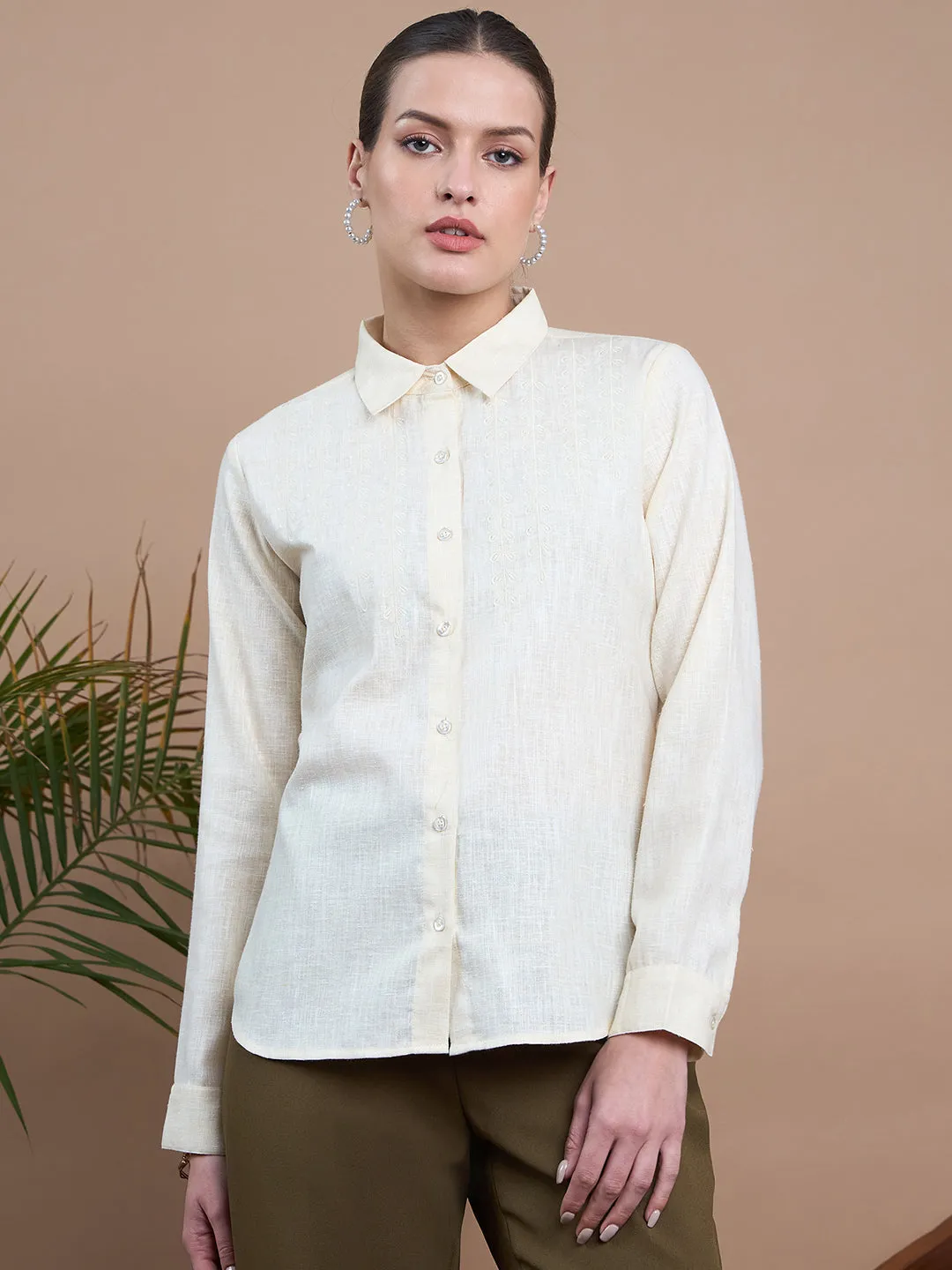 Noi Women Cream Solid Embroidered With Full Sleeves Formal Shirt