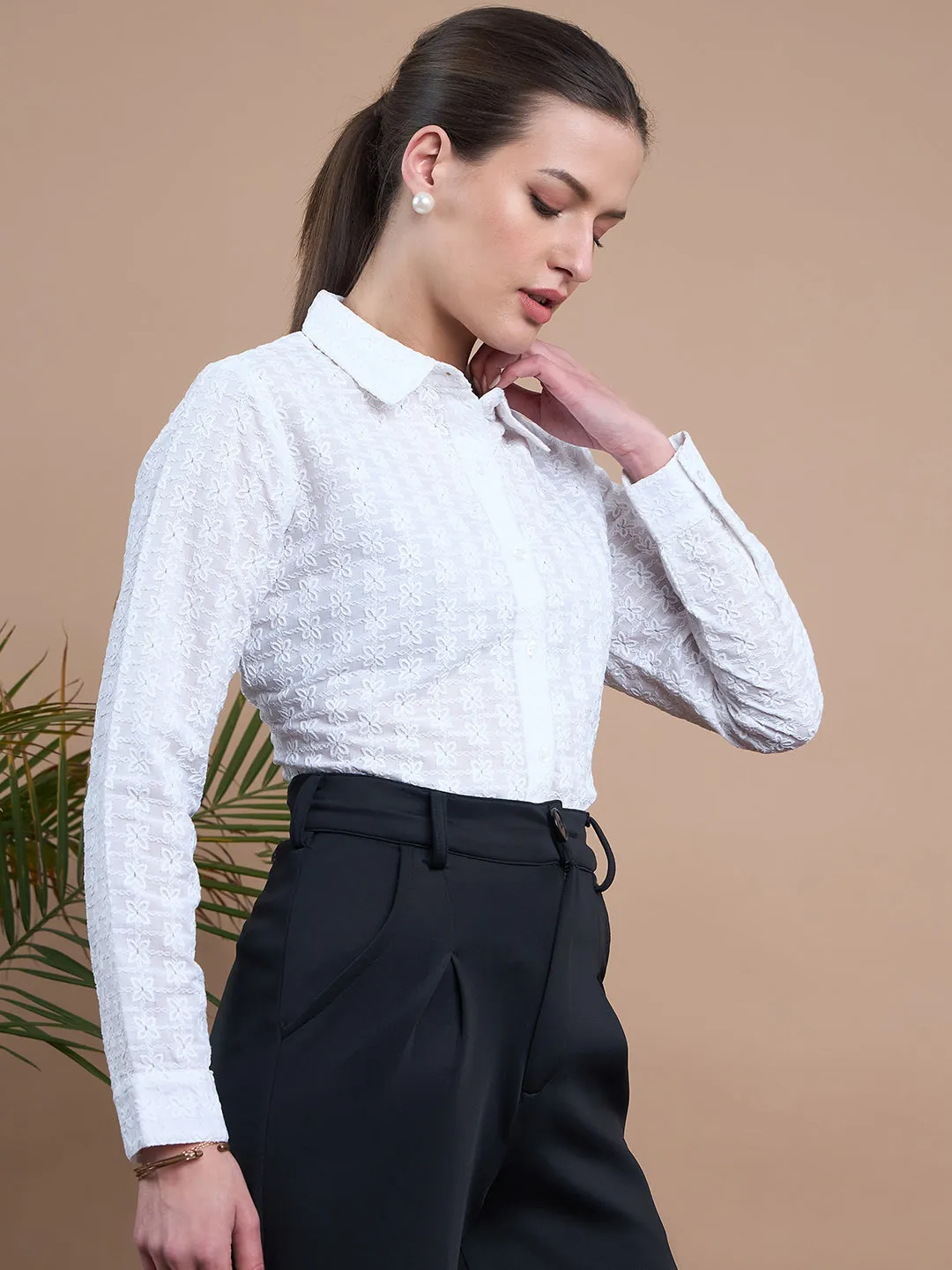 Noi Women White Schiffli With Full Sleeves Formal Shirt