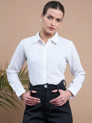 Noi Women White Schiffli With Full Sleeves Formal Shirt