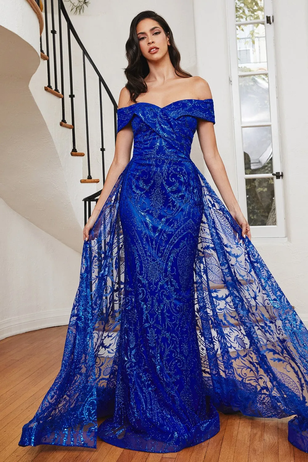 Off The Shoulder Puff Sleeve with Over Skirt Gown By Ladivine J836 - Women Evening Formal Gown - Special Occasion/Curves