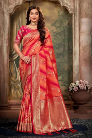 Peach & Pink Malai silk  Saree With Pink Blouse