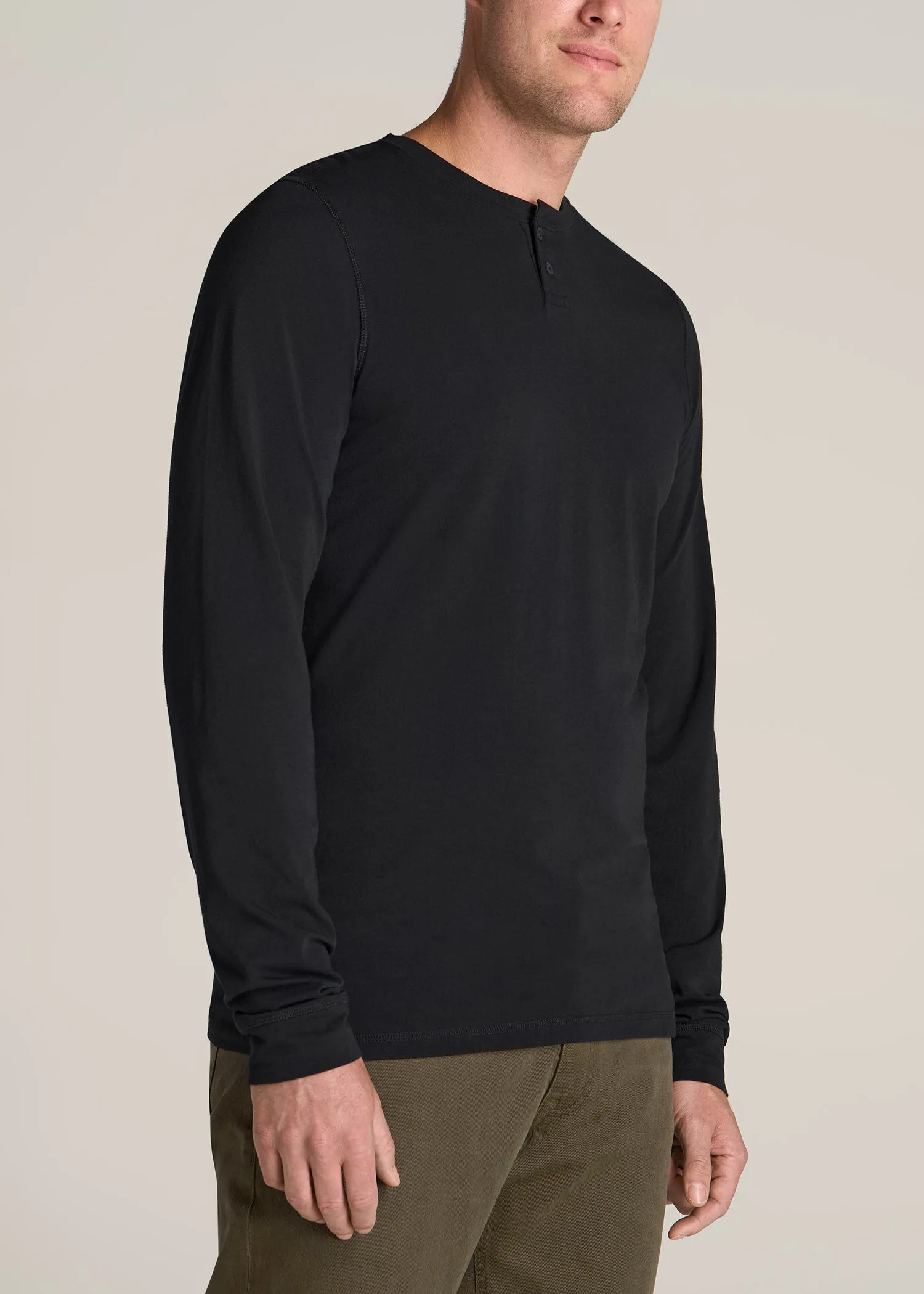 Pima Stretch Knit Henley Shirt for Tall Men in Black