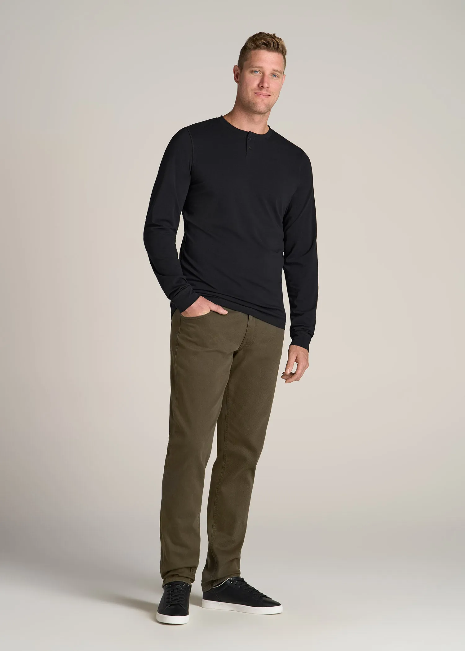 Pima Stretch Knit Henley Shirt for Tall Men in Black