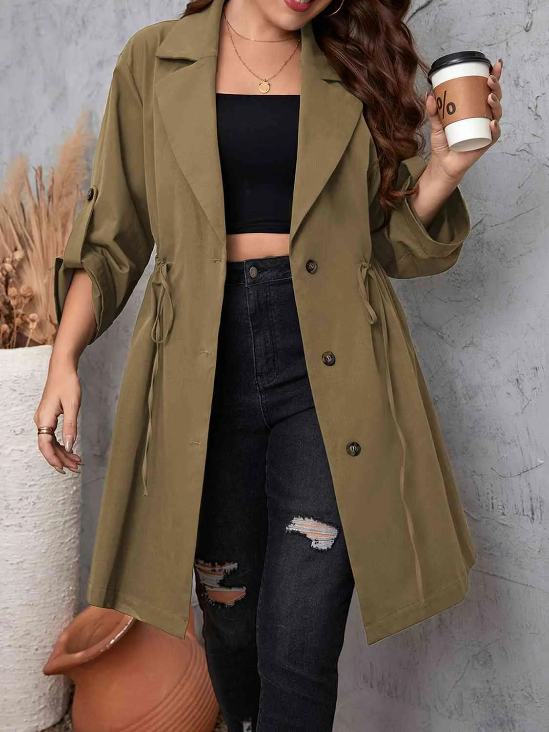 Plus Size Lapel Collar Drawstring Roll-Tab Sleeve Trench Coat