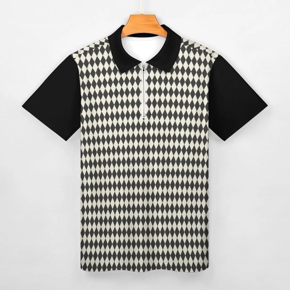 Polo Shirt Men, Men's Polo Shirt, 60s style shirt men, Zipper polo shirt,Black Geometric Shirt, Retro Polo Shirt, Vintage inspired Shirt Men