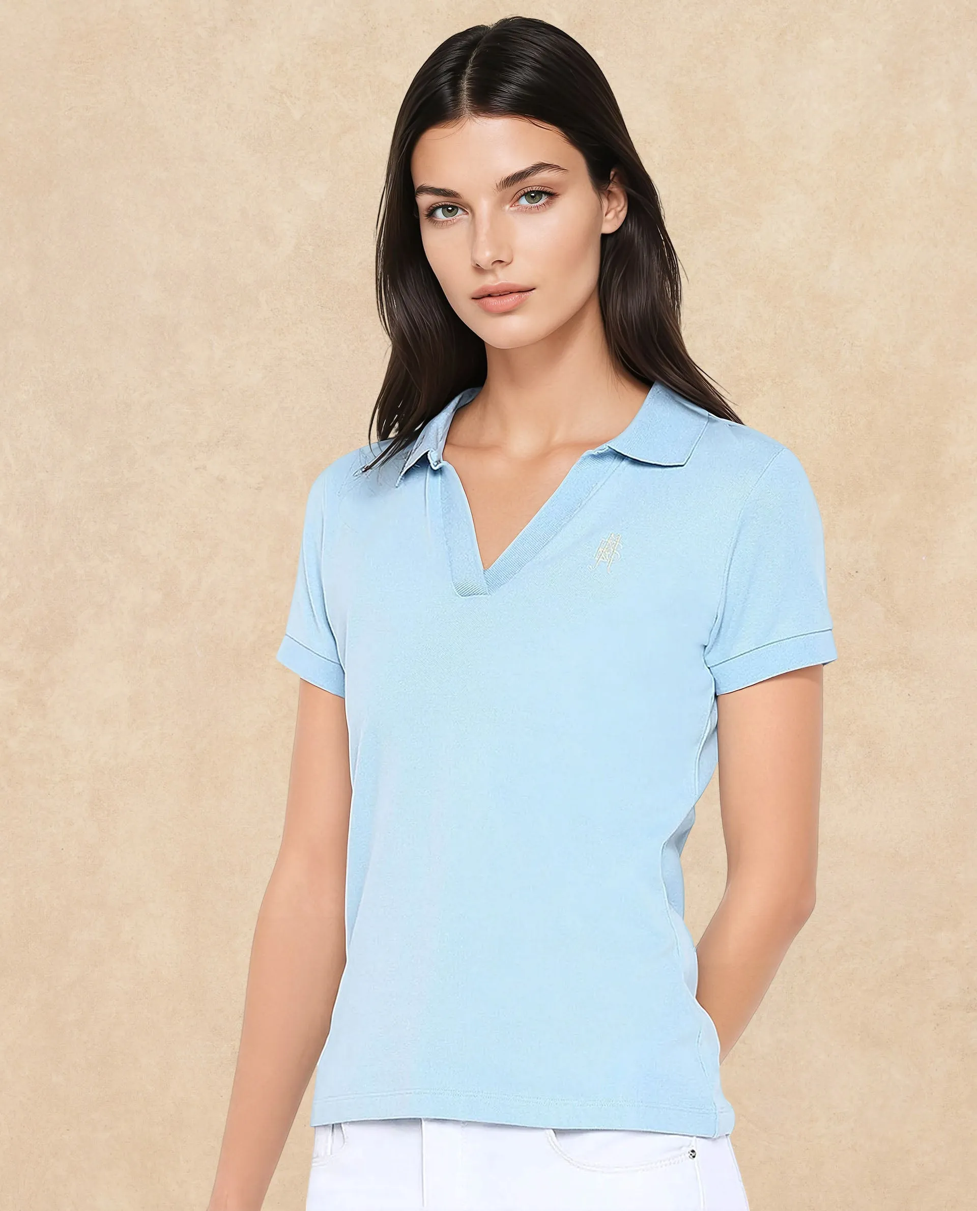 Rareism Women Van Blue Cotton Lycra Fabric Short Sleeve Polo Collar Plain Polo