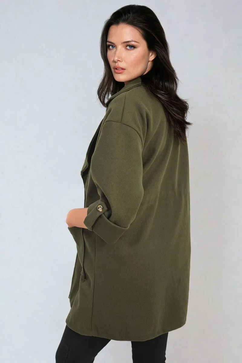 Roll Tab Sleeve Drawstring Waist Open Front Trench Coat Jacket