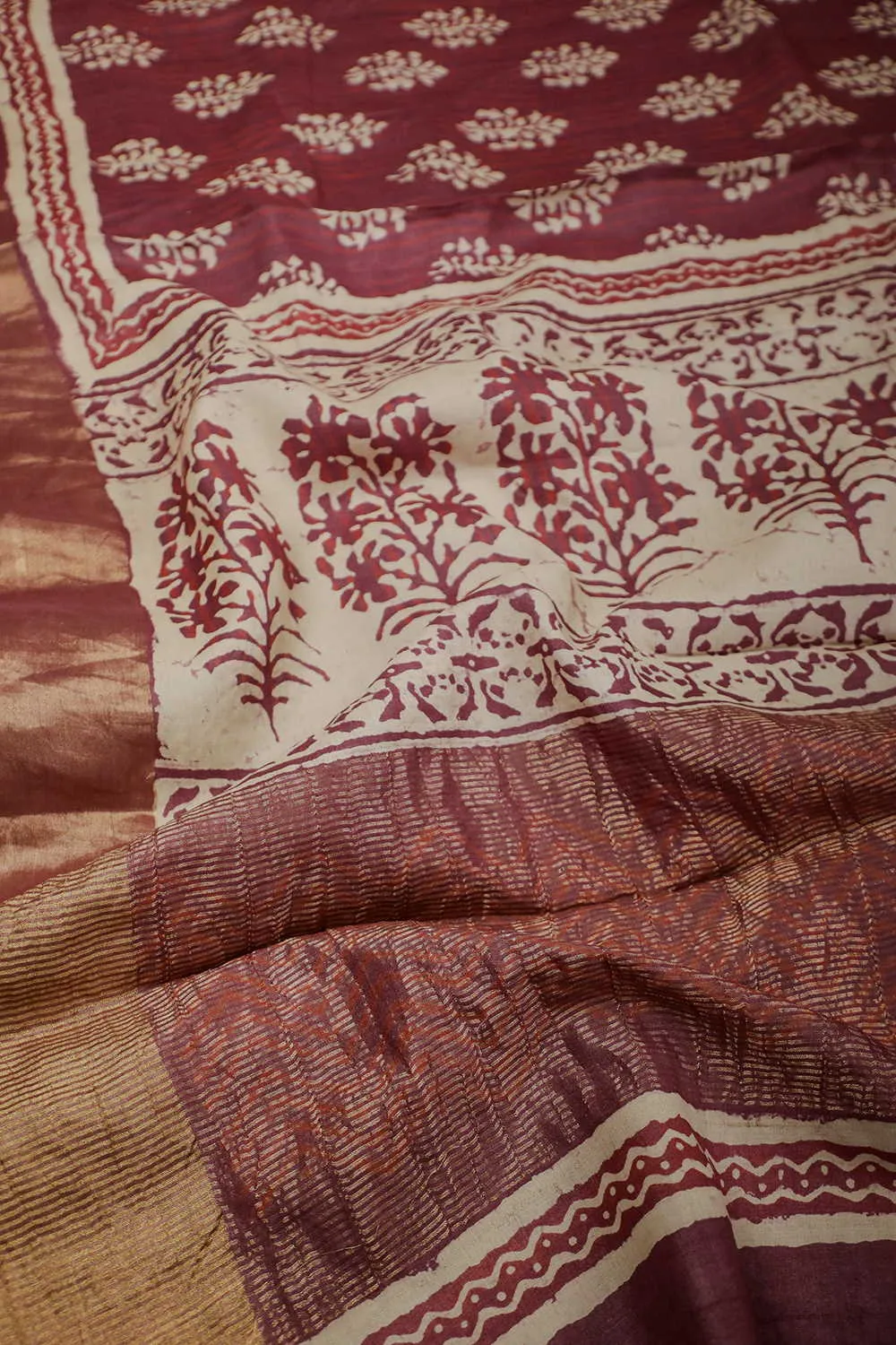 Sangria Maroon Block Printed Tussar saree