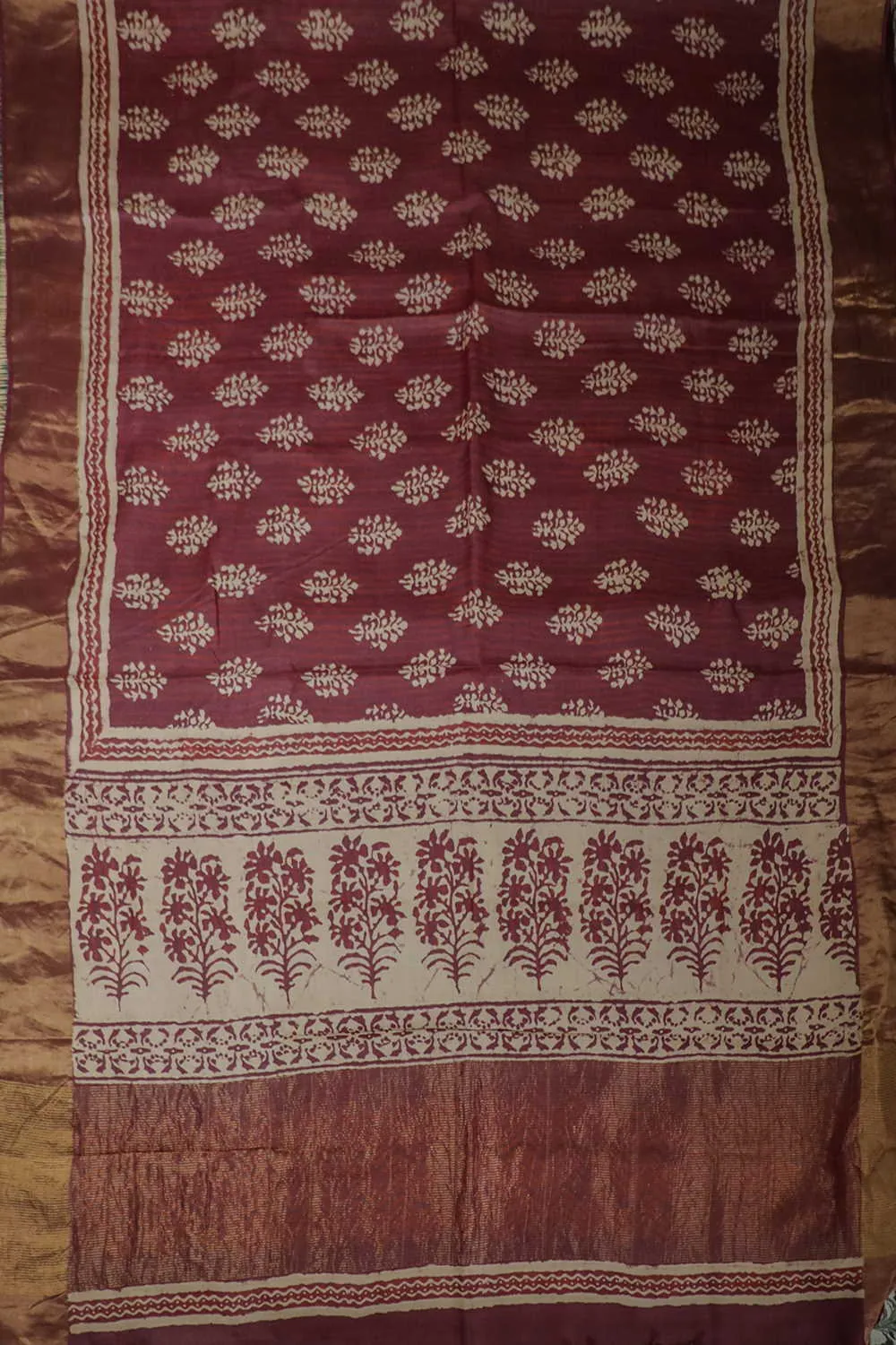 Sangria Maroon Block Printed Tussar saree