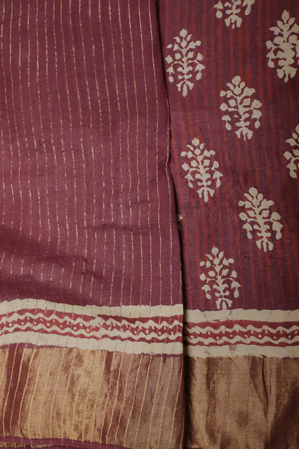 Sangria Maroon Block Printed Tussar saree