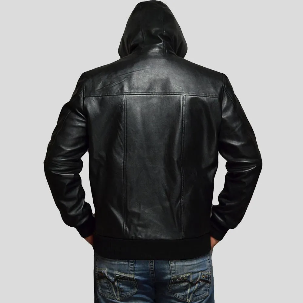 Shane Black Hooded Bomber Leather Jacket for Men