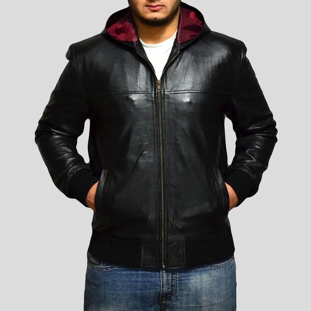 Shane Black Hooded Bomber Leather Jacket for Men