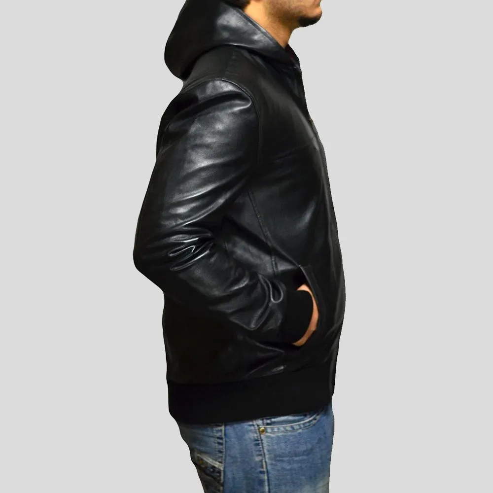 Shane Black Hooded Bomber Leather Jacket for Men