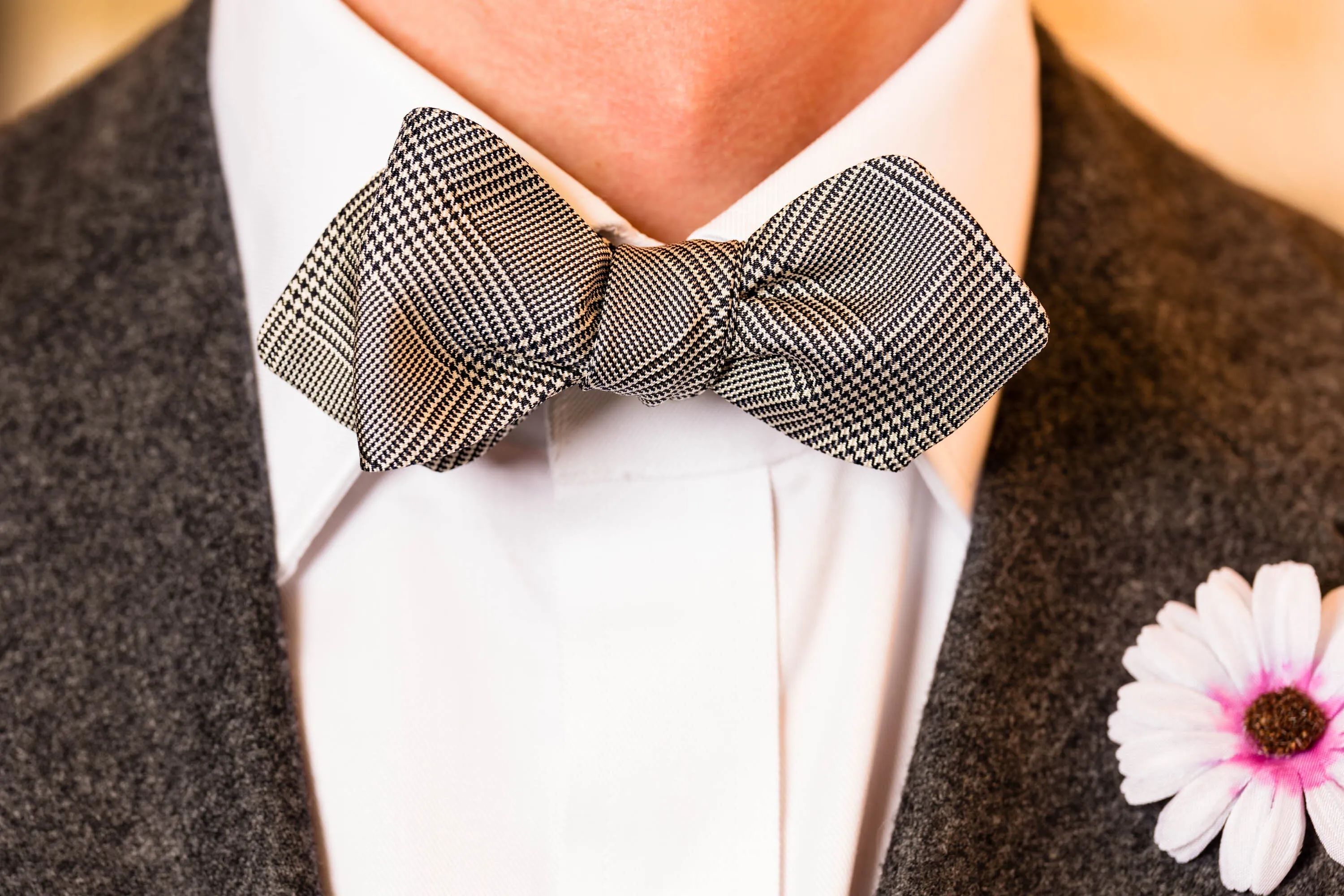 Silk Bow Tie in Dark Navy Blue Glen Check - Pointed End