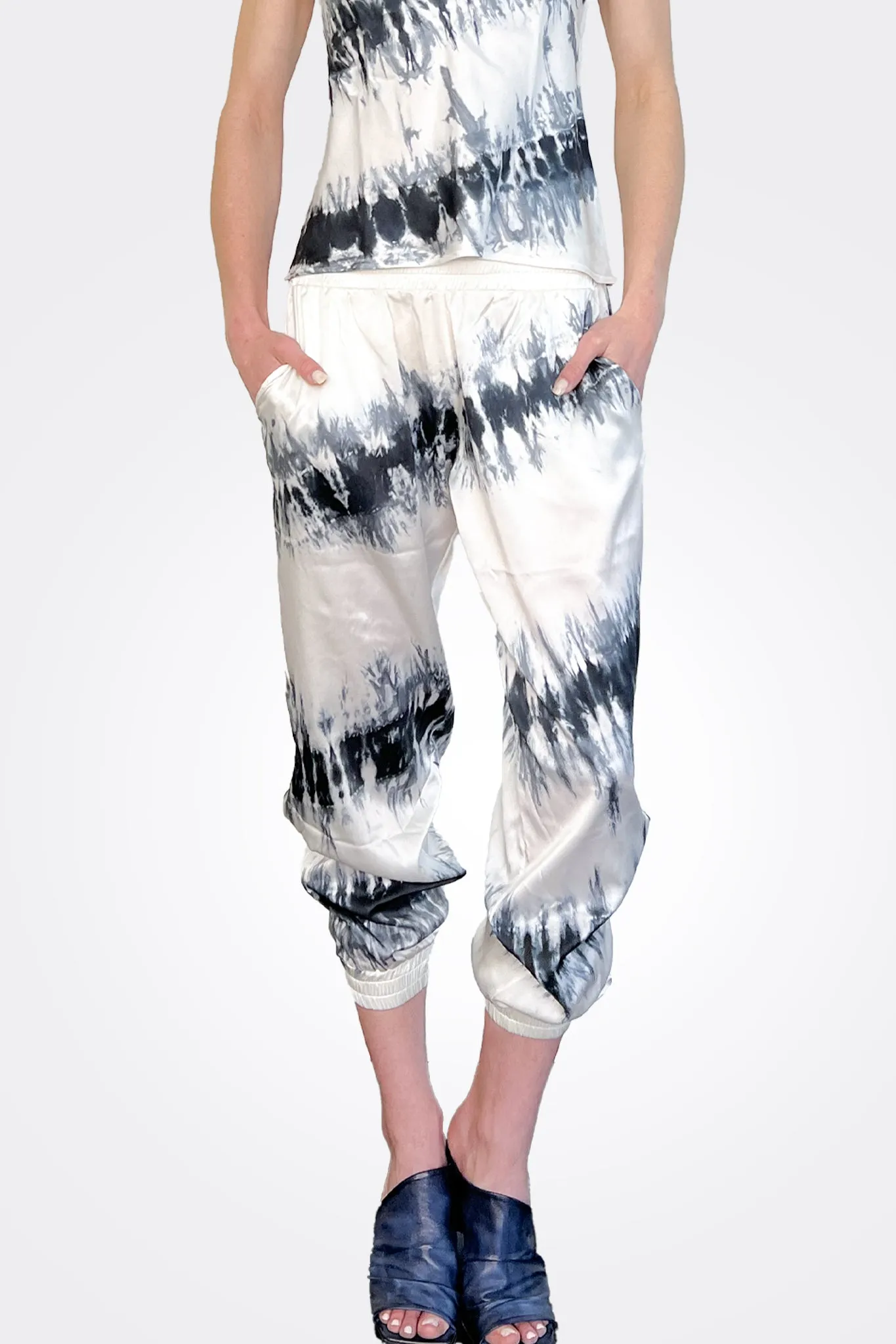 Silk Charmeuse Jogger - Black White Stripe