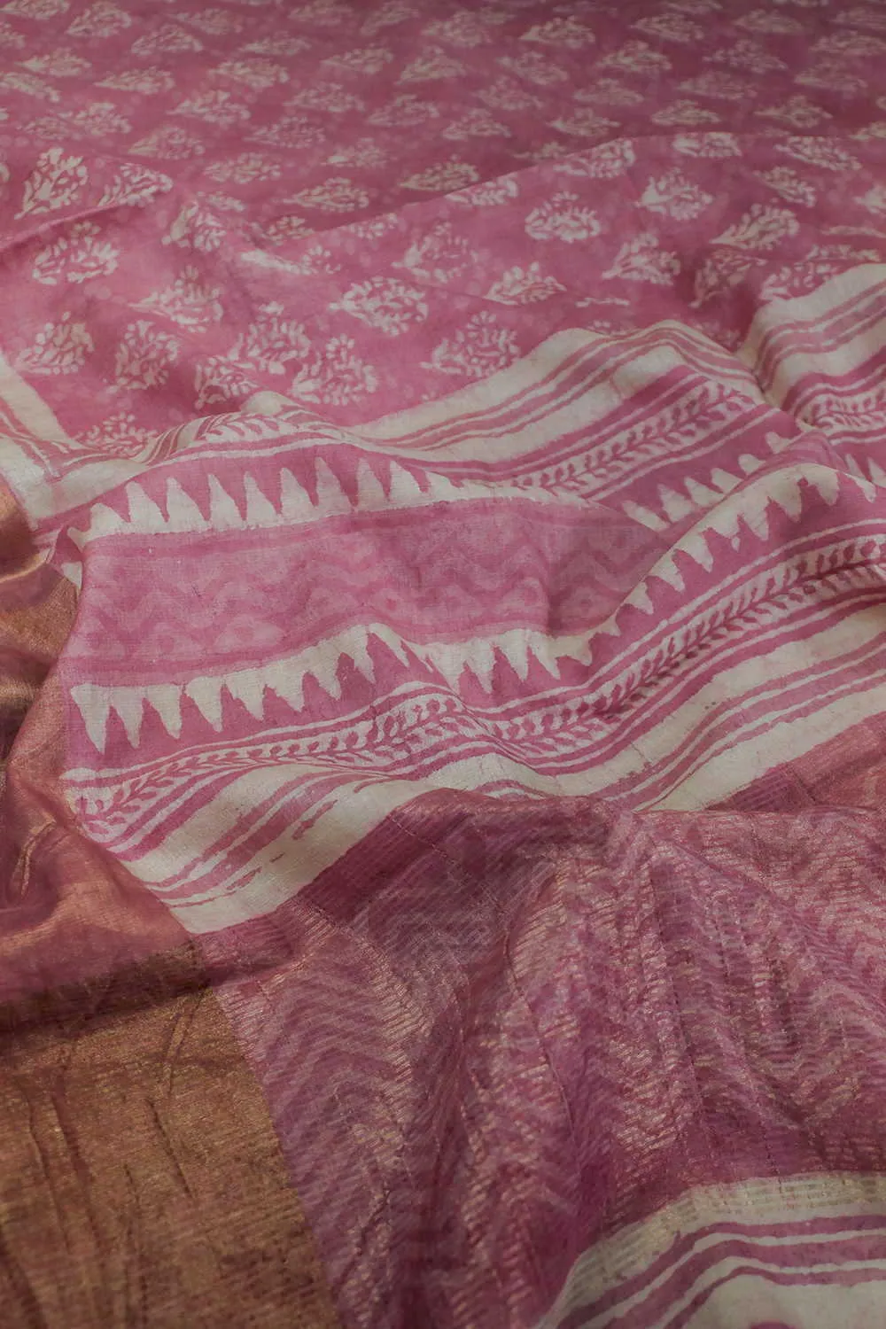 Soft Pink Block Printed Tussar saree