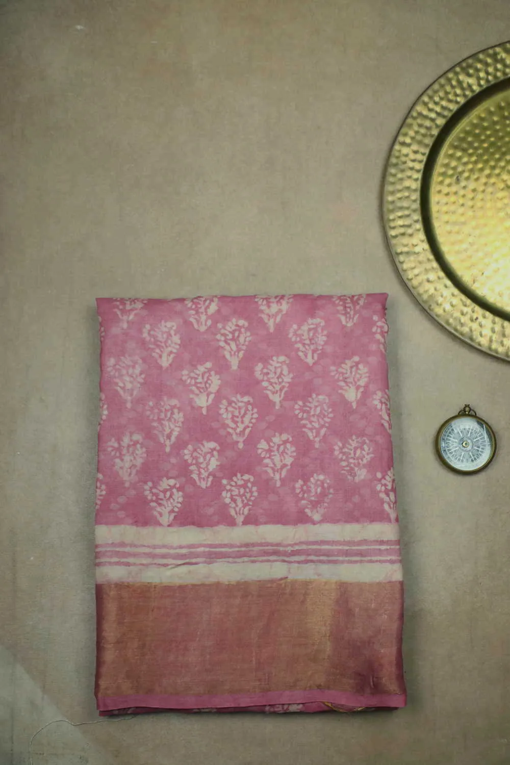 Soft Pink Block Printed Tussar saree