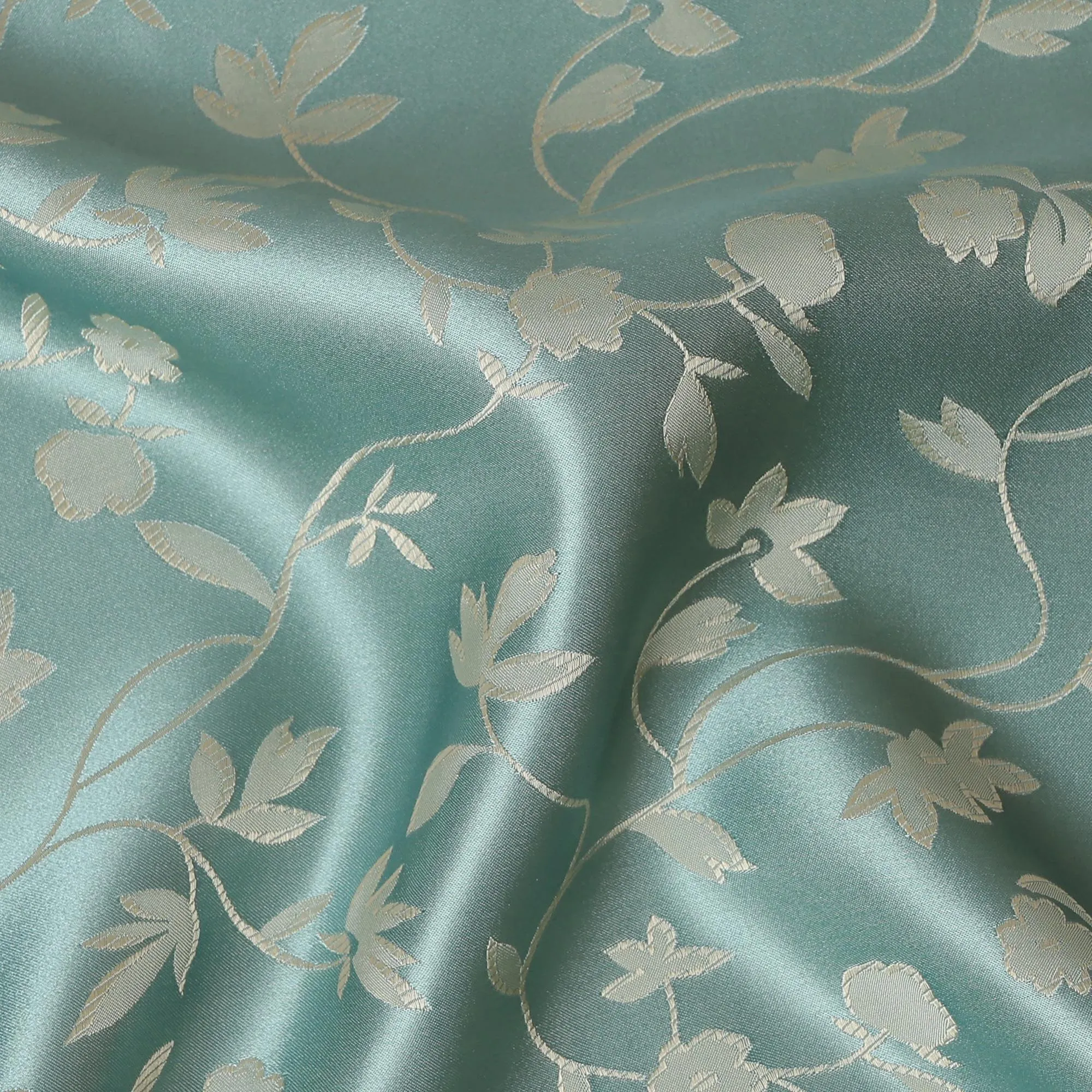 South Korean Silk Satin Jacquard Fabric with Delicate Vine Design on Aqua Background – 110 cm Width-D20344