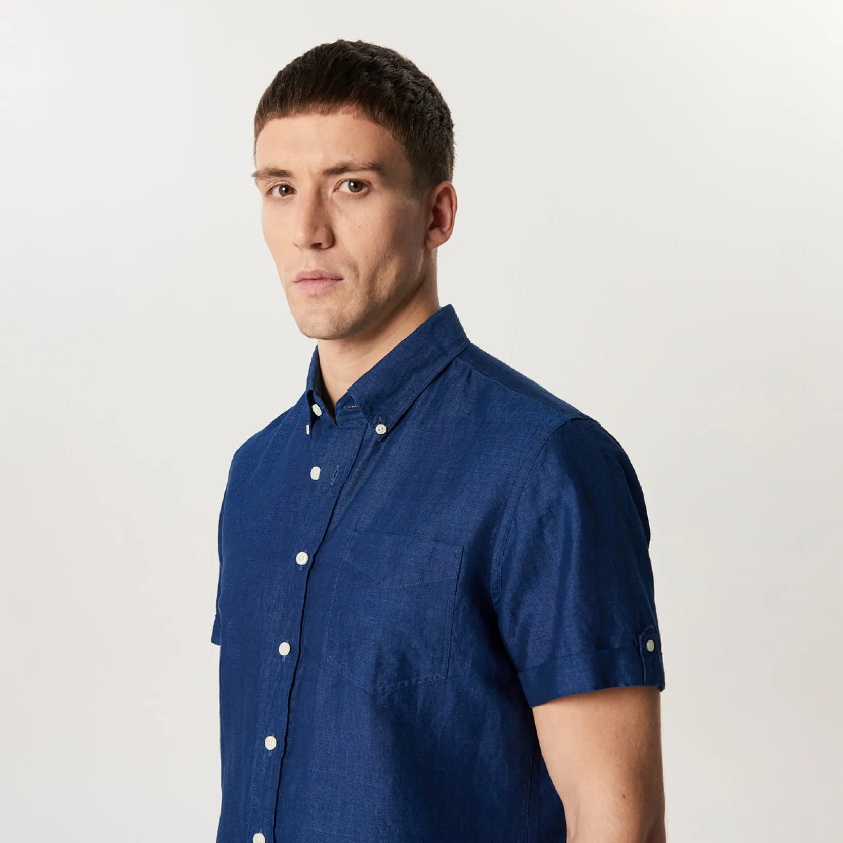 Tailored Fit Cotton Linen Denim Short Sleeve Shirt Indigo