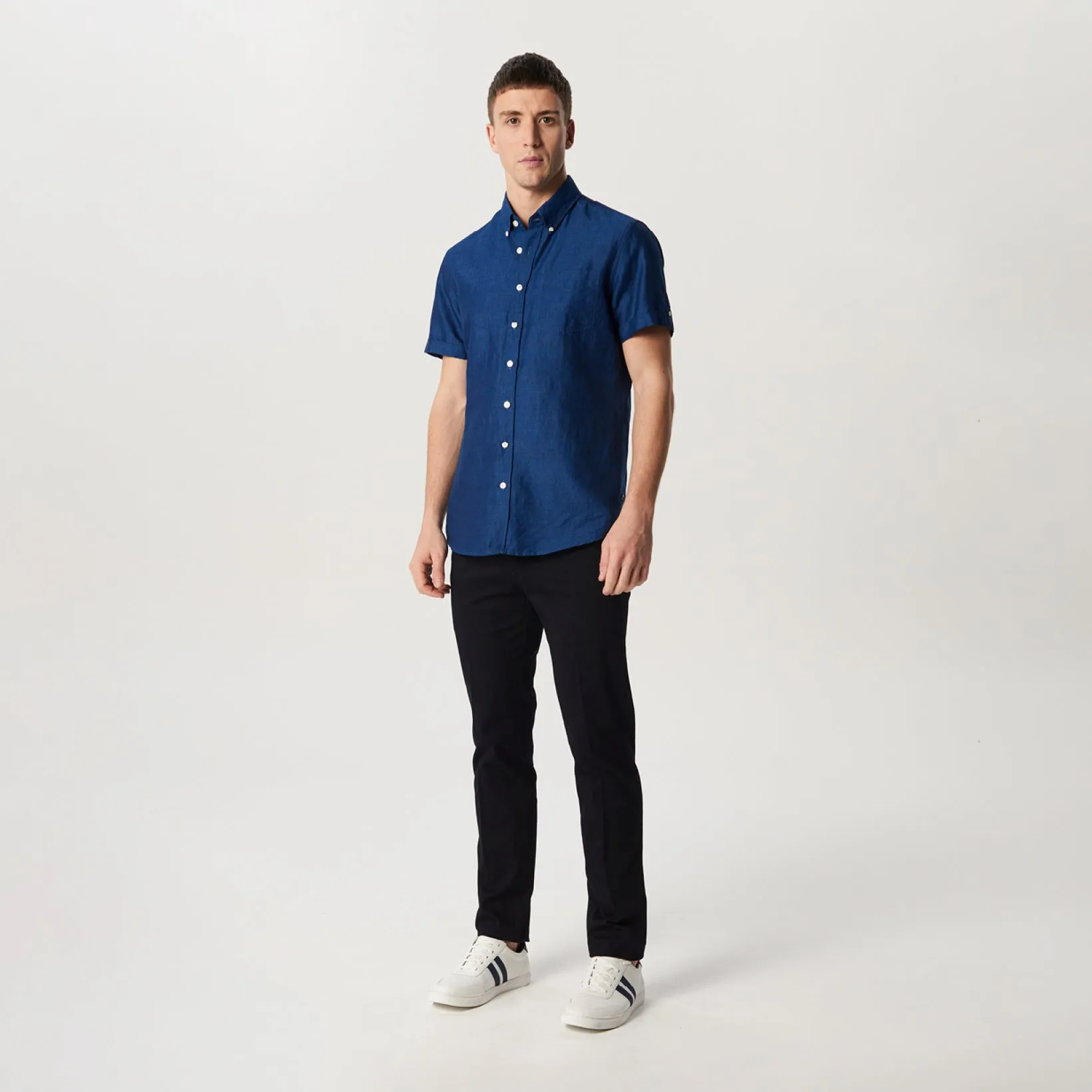 Tailored Fit Cotton Linen Denim Short Sleeve Shirt Indigo