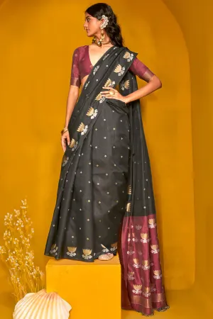 Twirling Black Soft Banarasi Silk Saree With Admirable Blouse Piece