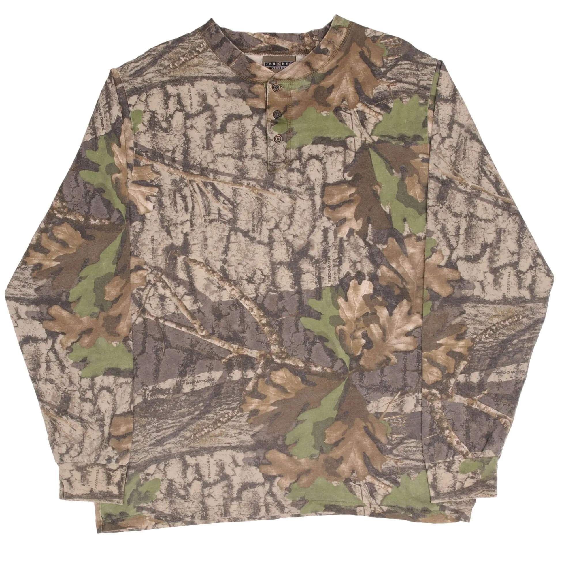 VINTAGE HUNTING TREBARK BIGWOODS CAMO LONG SLEEVE HENLEY TEE SHIRT 1990S LARGE