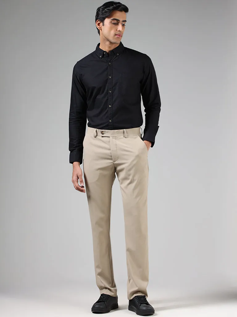 WES Formals Solid Light Khaki Relaxed-Fit Mid-Rise Trousers