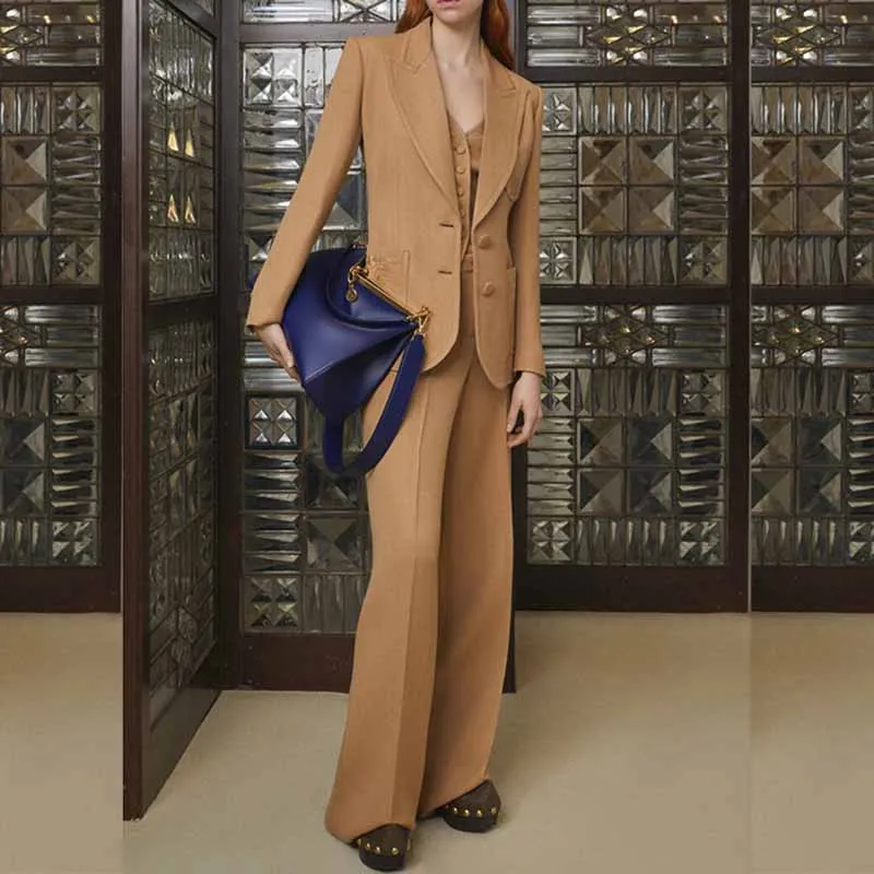 Women Khaki Pantsuits Fitted Blazer   Mid-High Waist Flared Trousers Suit