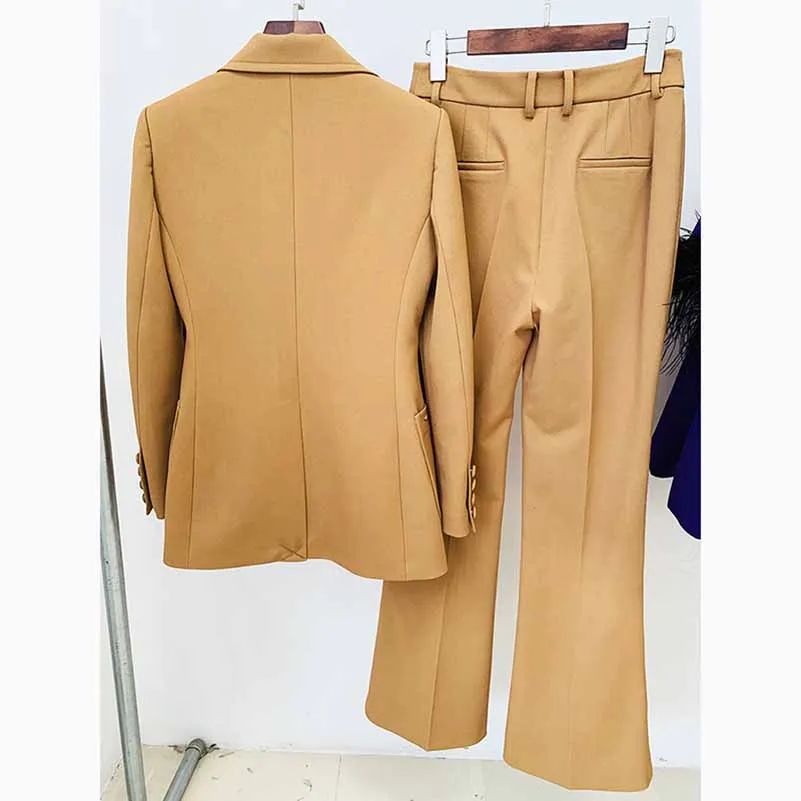 Women Khaki Pantsuits Fitted Blazer   Mid-High Waist Flared Trousers Suit