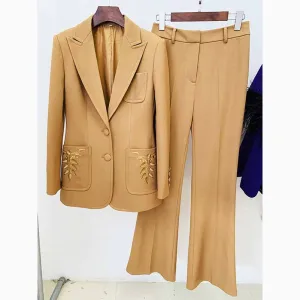 Women Khaki Pantsuits Fitted Blazer   Mid-High Waist Flared Trousers Suit