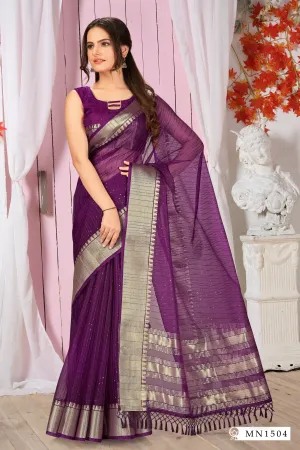 Women Purple Silk Saree With Gold Border Purple Blouse