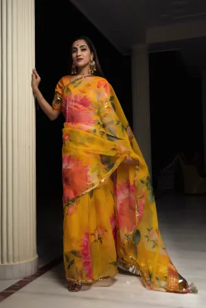 Yellow Printed Organza Saree with Tafetta Blouse