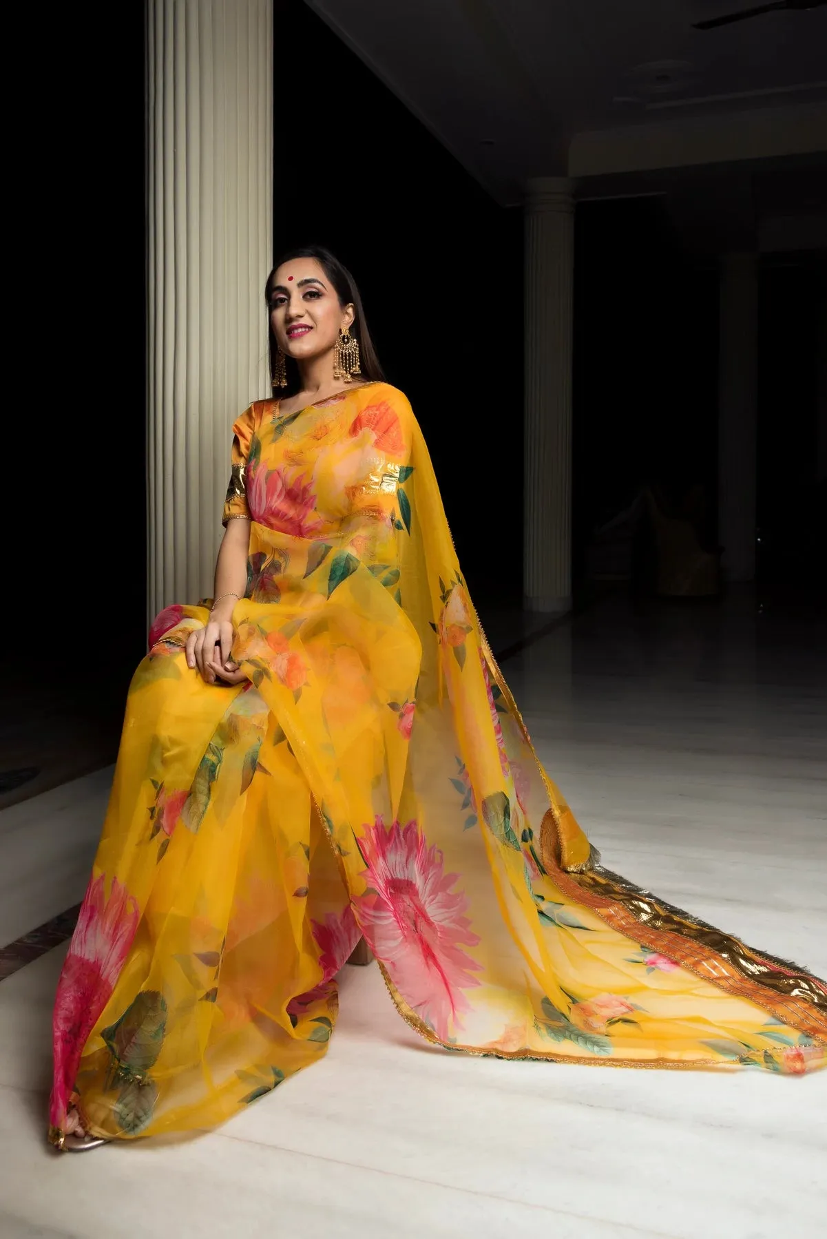 Yellow Printed Organza Saree with Tafetta Blouse