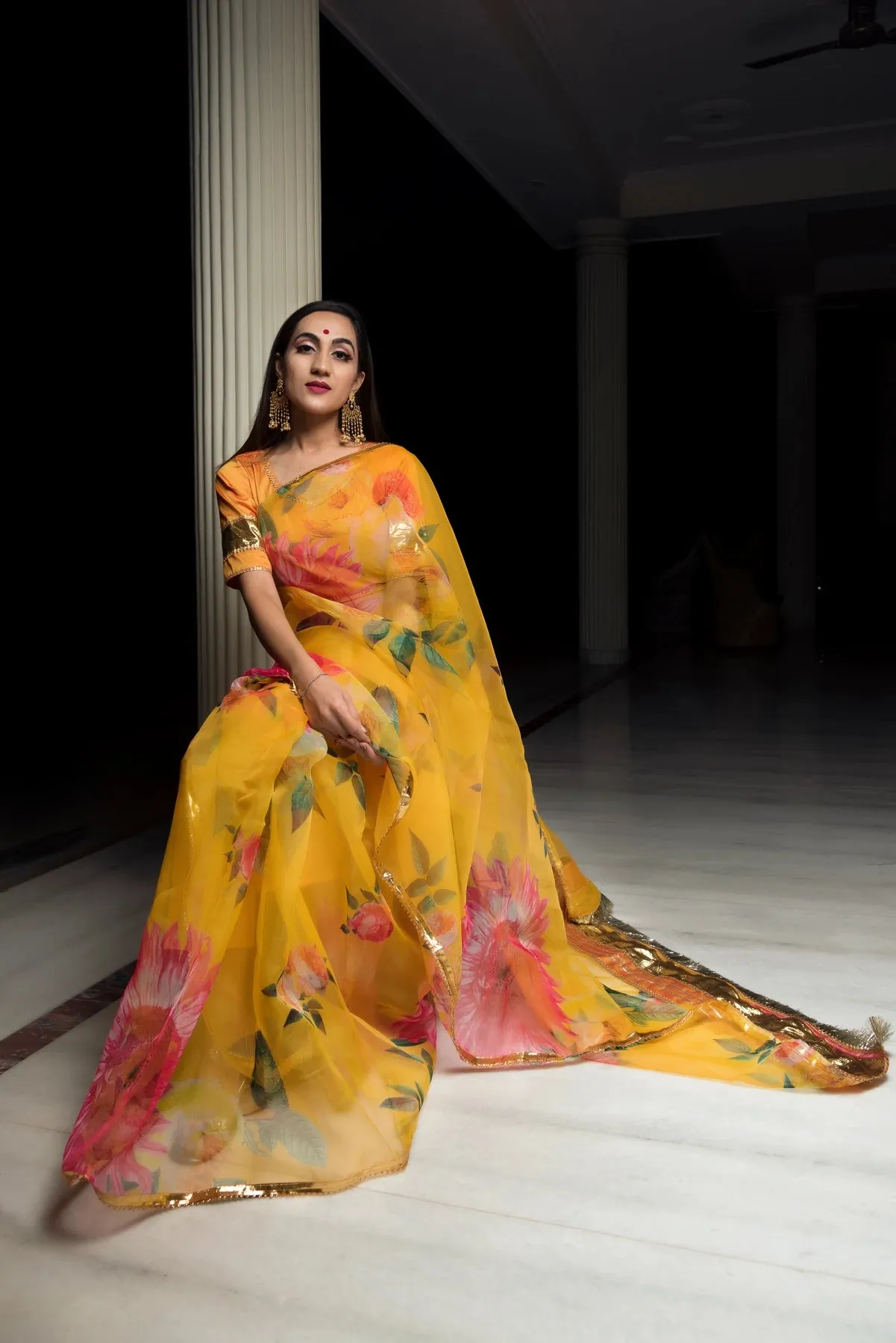 Yellow Printed Organza Saree with Tafetta Blouse