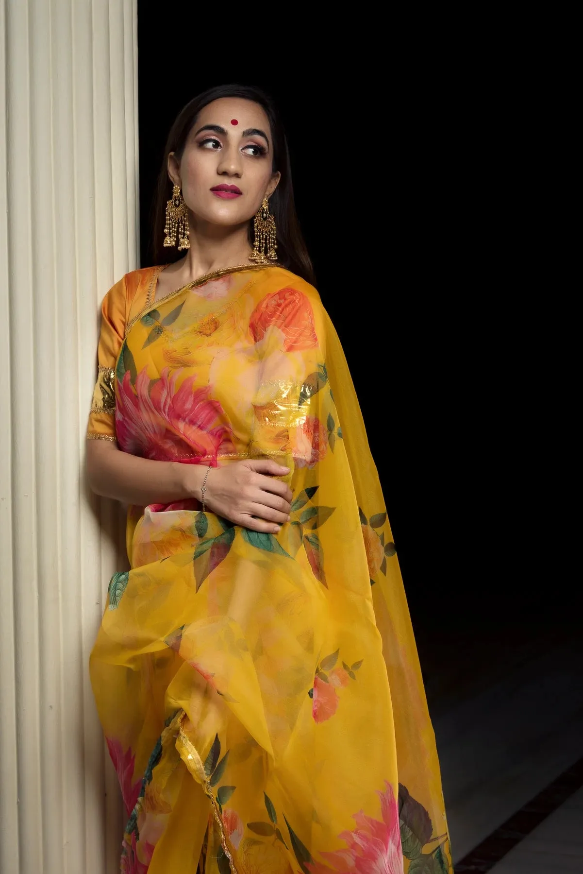 Yellow Printed Organza Saree with Tafetta Blouse