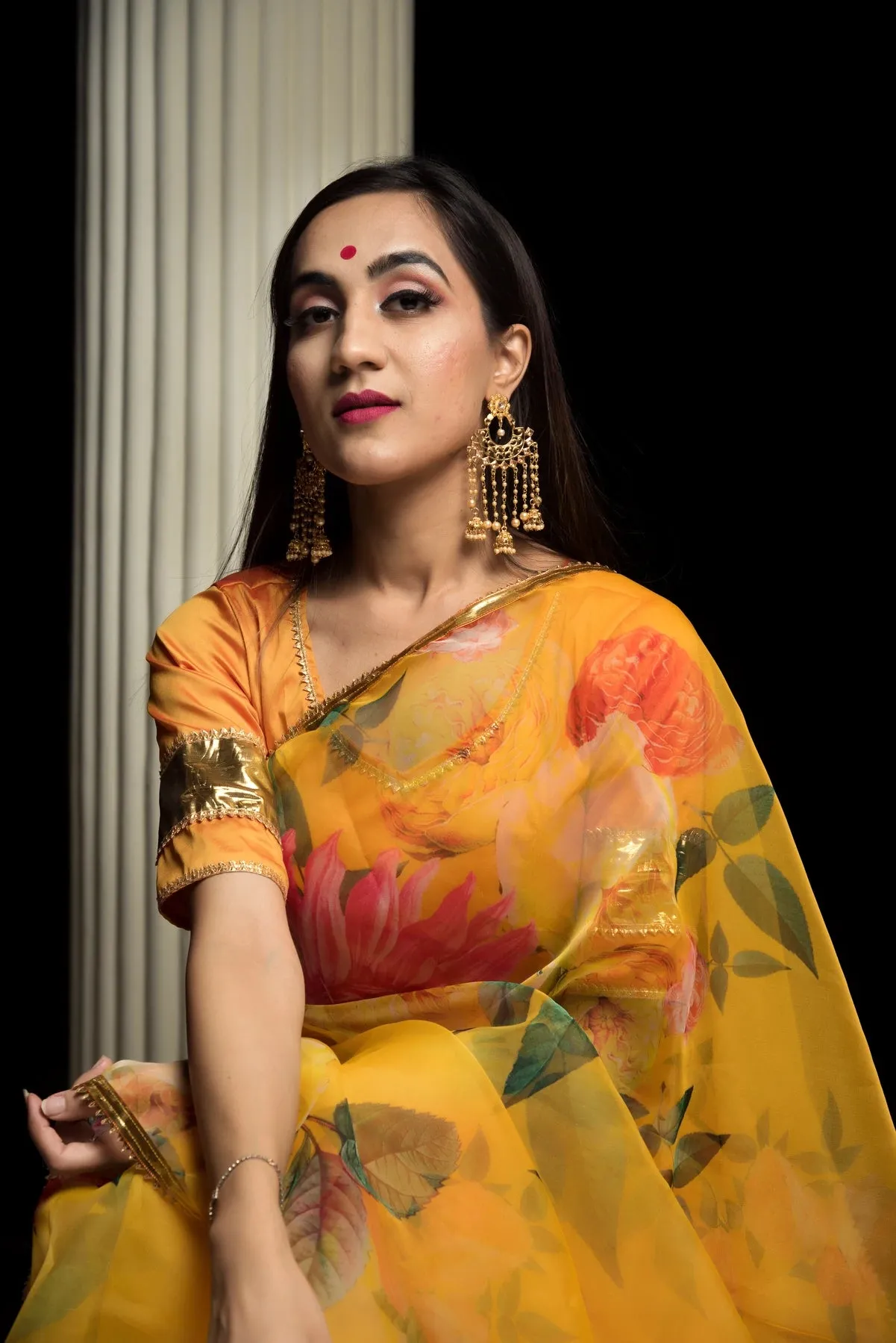 Yellow Printed Organza Saree with Tafetta Blouse