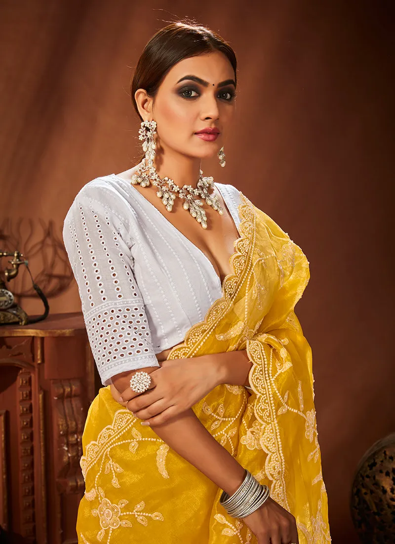 Yellow Sequence Embroidery Traditional Organza Silk Saree