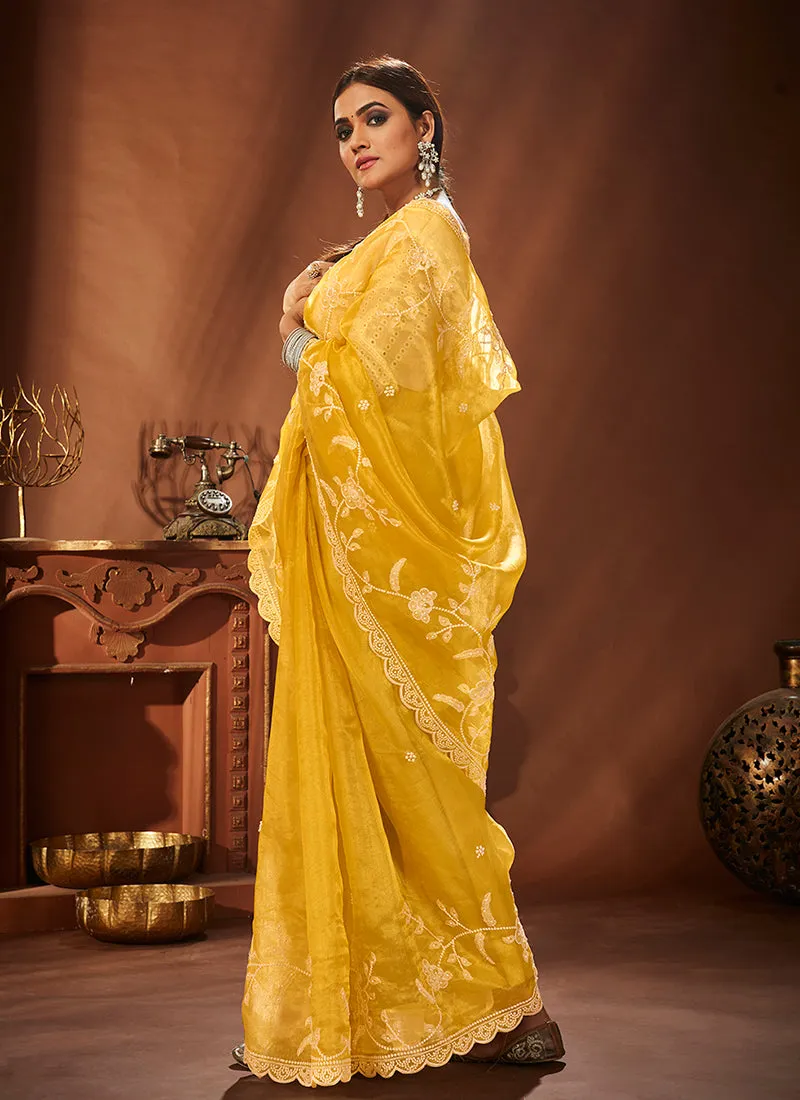 Yellow Sequence Embroidery Traditional Organza Silk Saree